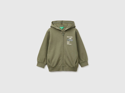 Benetton Military Green Boys Organic Cotton Hoodie with Prints SKU: 3J70G504J_07N Image 01