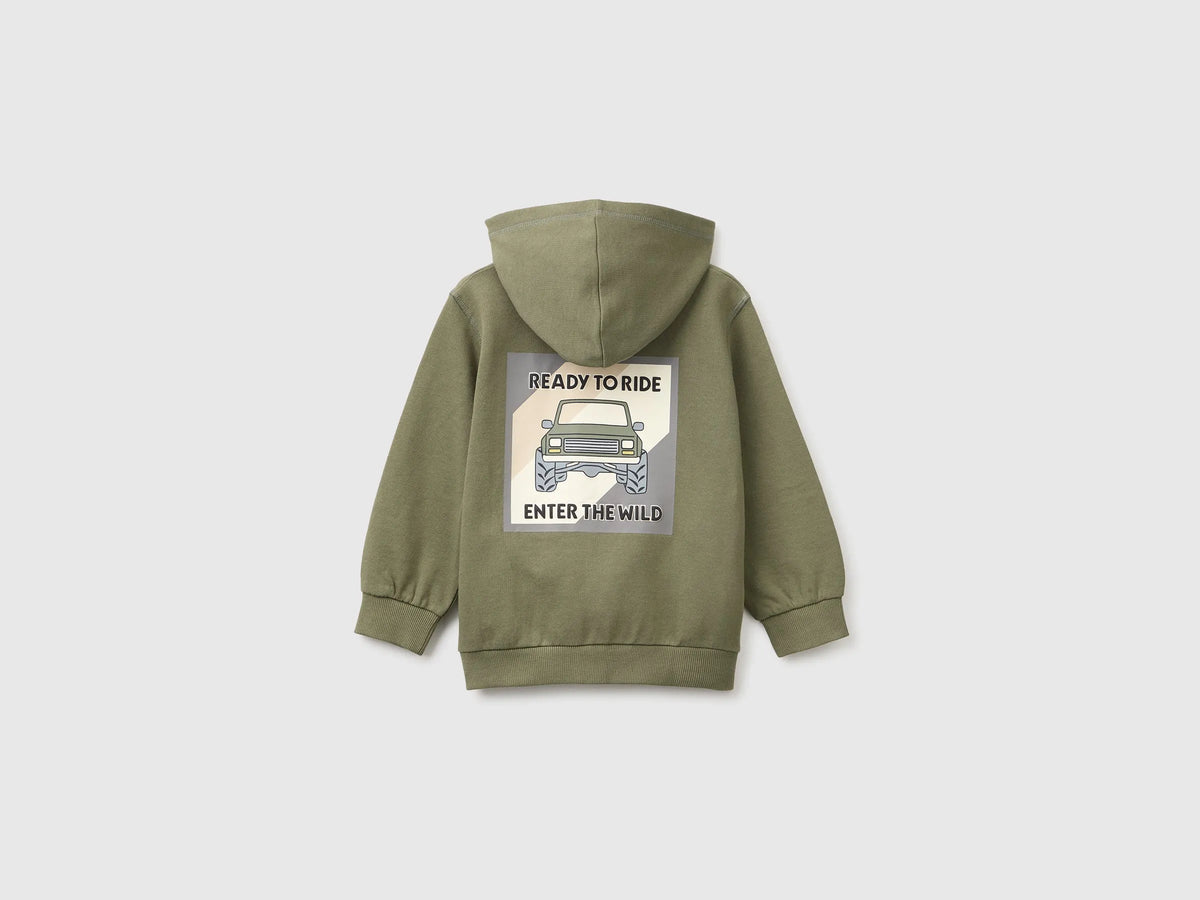 Benetton Military Green Boys Organic Cotton Hoodie with Prints SKU: 3J70G504J_07N Image 02
