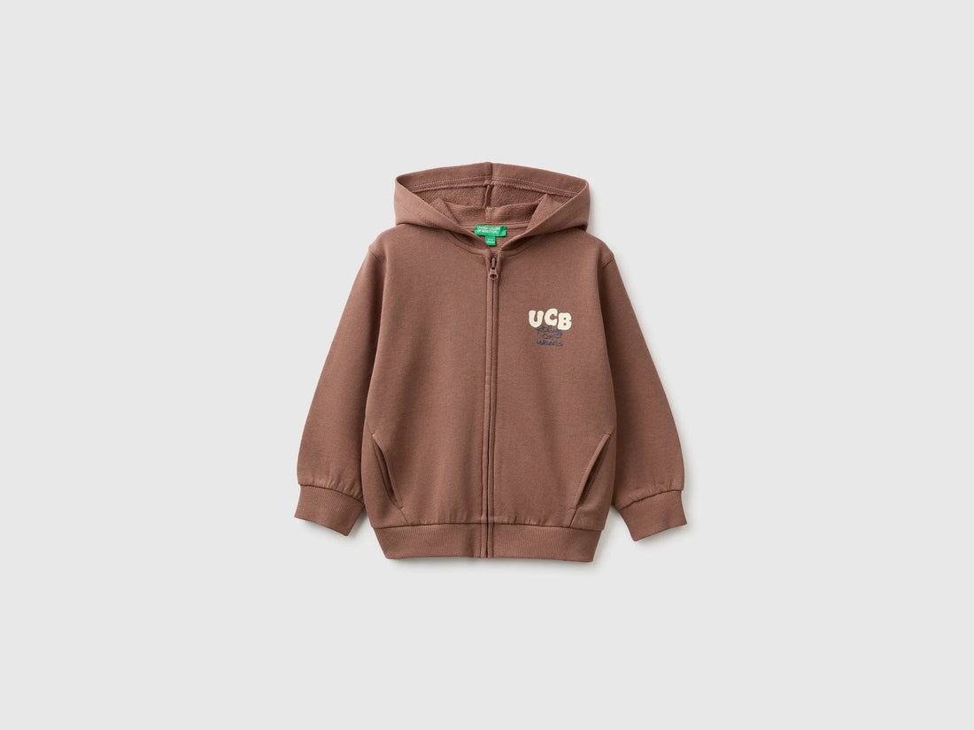 Benetton Brown Boys Organic Cotton Hoodie with Prints SKU: 3J70G504J_0U3 Image 01