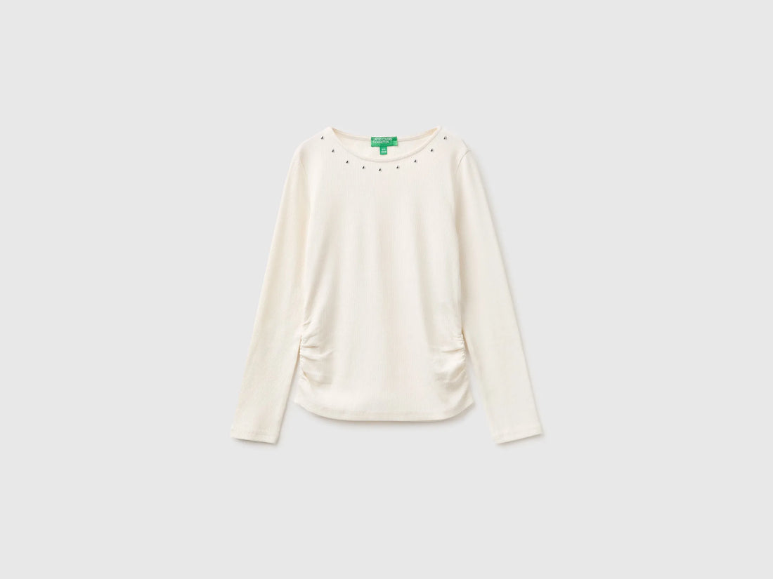 Benetton Creamy White Girls T-Shirt with Studs SKU: 3K5KC10UG_0R2 Image 01