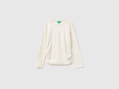 Benetton Creamy White Girls T-Shirt with Studs SKU: 3K5KC10UG_0R2 Image 01