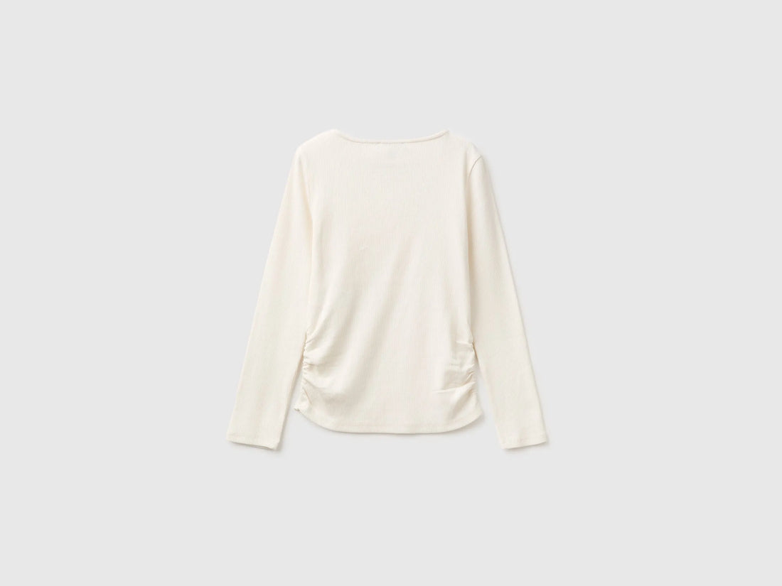 Benetton Creamy White Girls T-Shirt with Studs SKU: 3K5KC10UG_0R2 Image 02