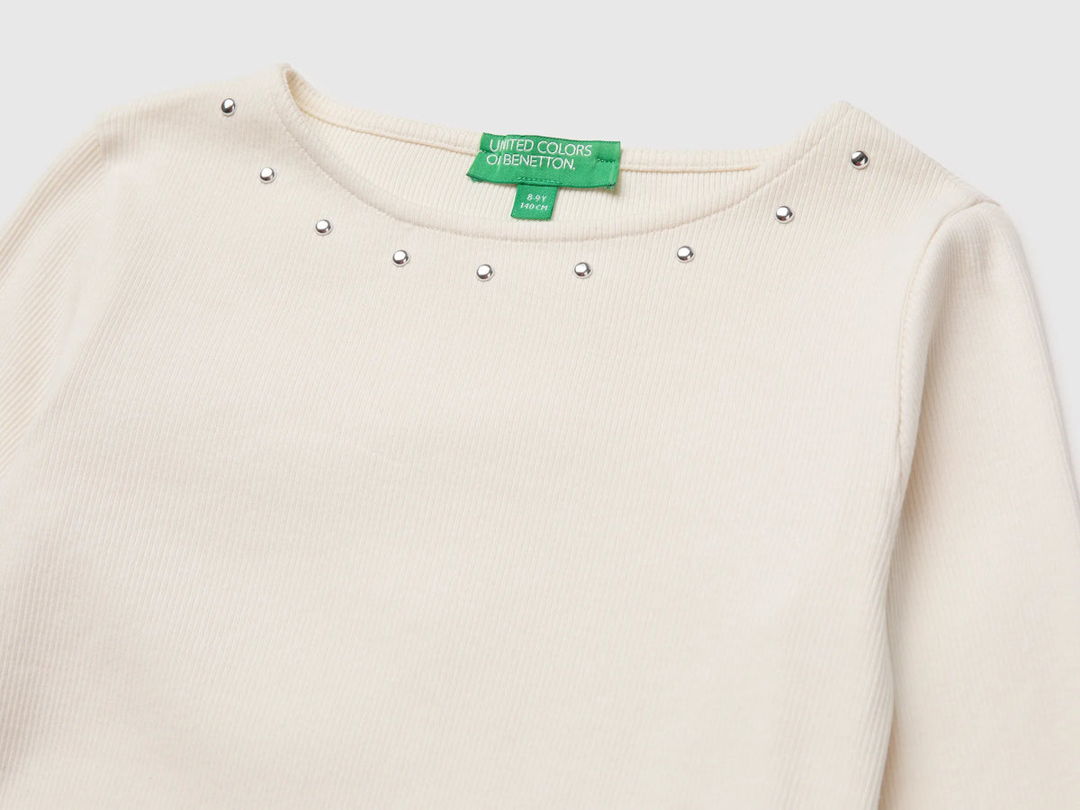 Benetton Creamy White Girls T-Shirt with Studs SKU: 3K5KC10UG_0R2 Image 03