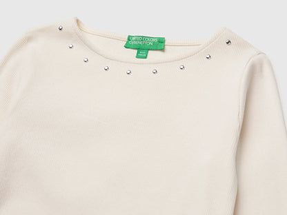 Benetton Creamy White Girls T-Shirt with Studs SKU: 3K5KC10UG_0R2 Image 03