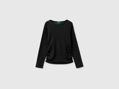 Benetton Black Girls T-Shirt with Studs SKU: 3K5KC10UG_100 Image 01