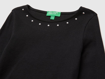 Benetton Black Girls T-Shirt with Studs SKU: 3K5KC10UG_100 Image 03