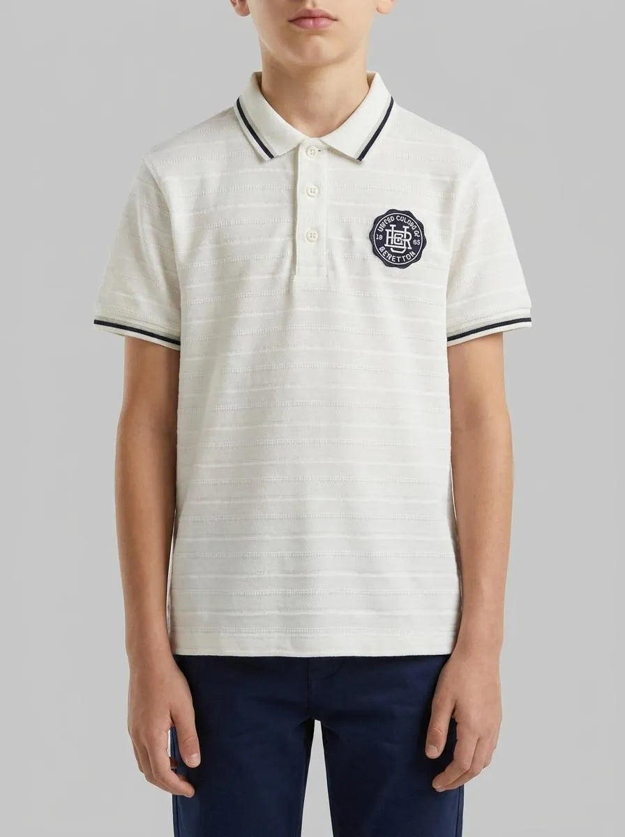 Benetton Creamy White Boys Striped Polo Shirt with Patch SKU: 3K9KC3024_902 Image 00