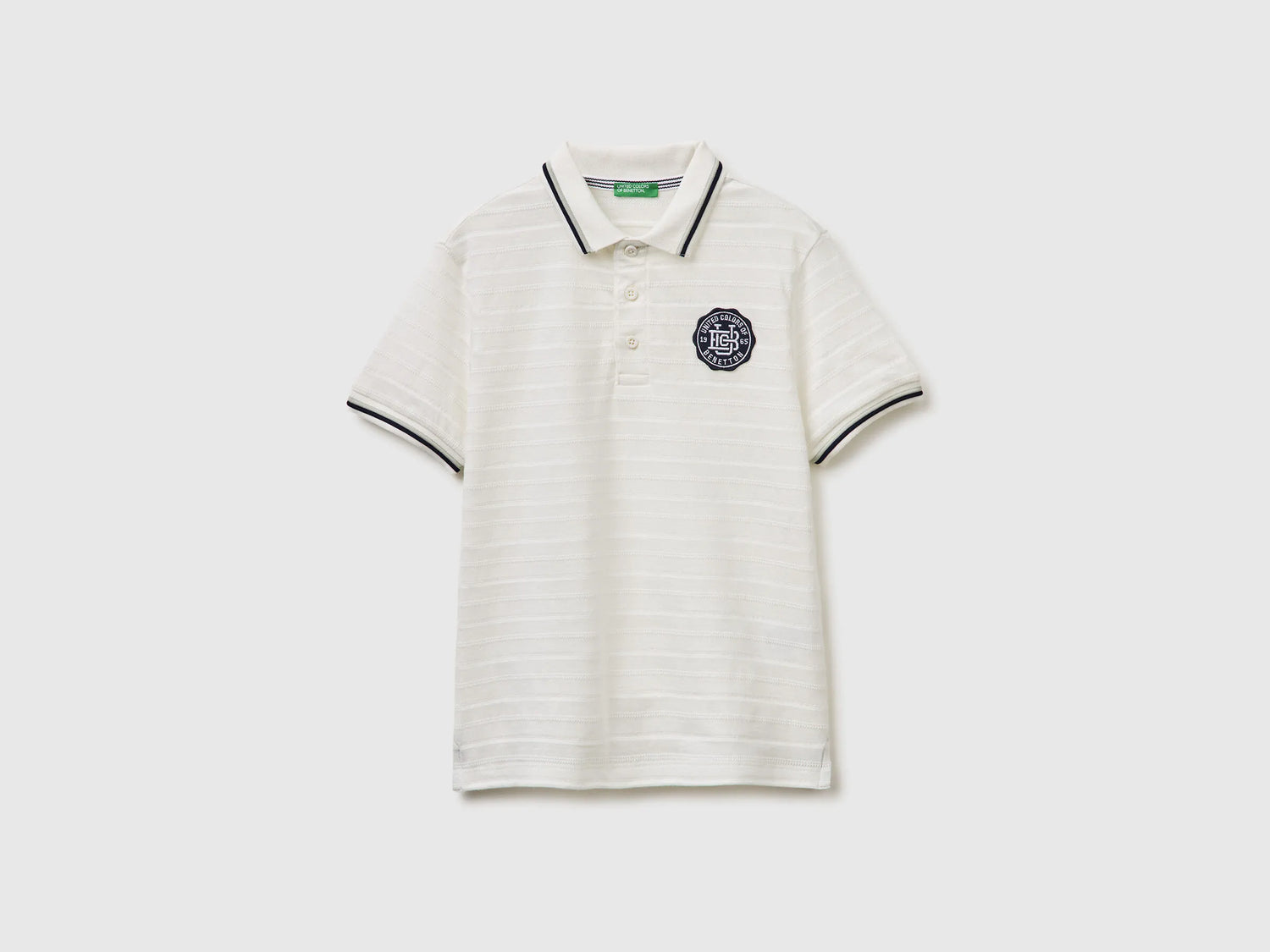 Benetton Creamy White Boys Striped Polo Shirt with Patch SKU: 3K9KC3024_902 Image 01