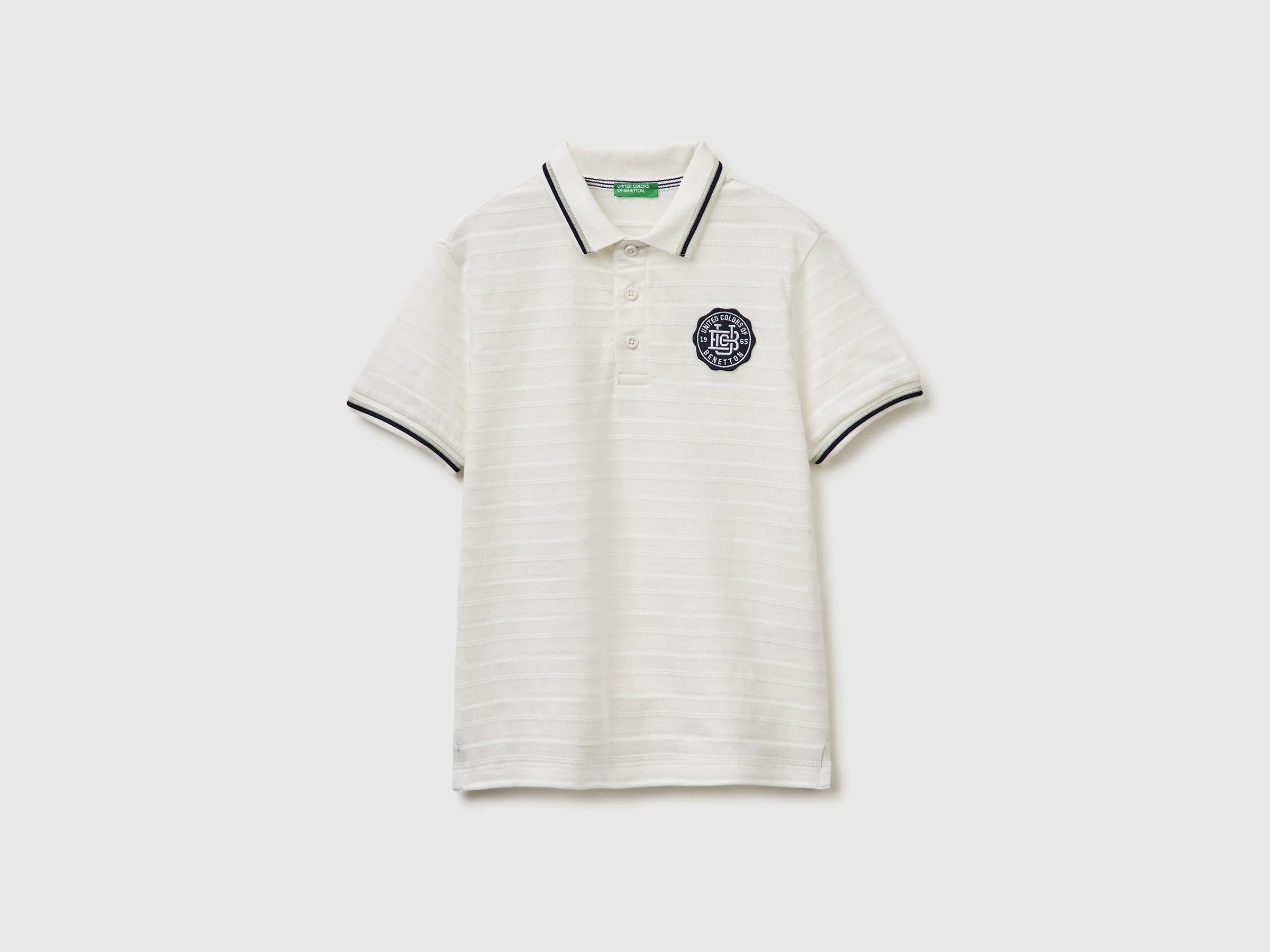 Benetton Creamy White Boys Striped Polo Shirt with Patch SKU: 3K9KC3024_902 Image 01