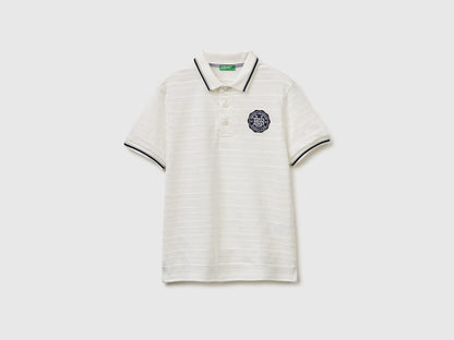 Benetton Creamy White Boys Striped Polo Shirt with Patch SKU: 3K9KC3024_902 Image 01