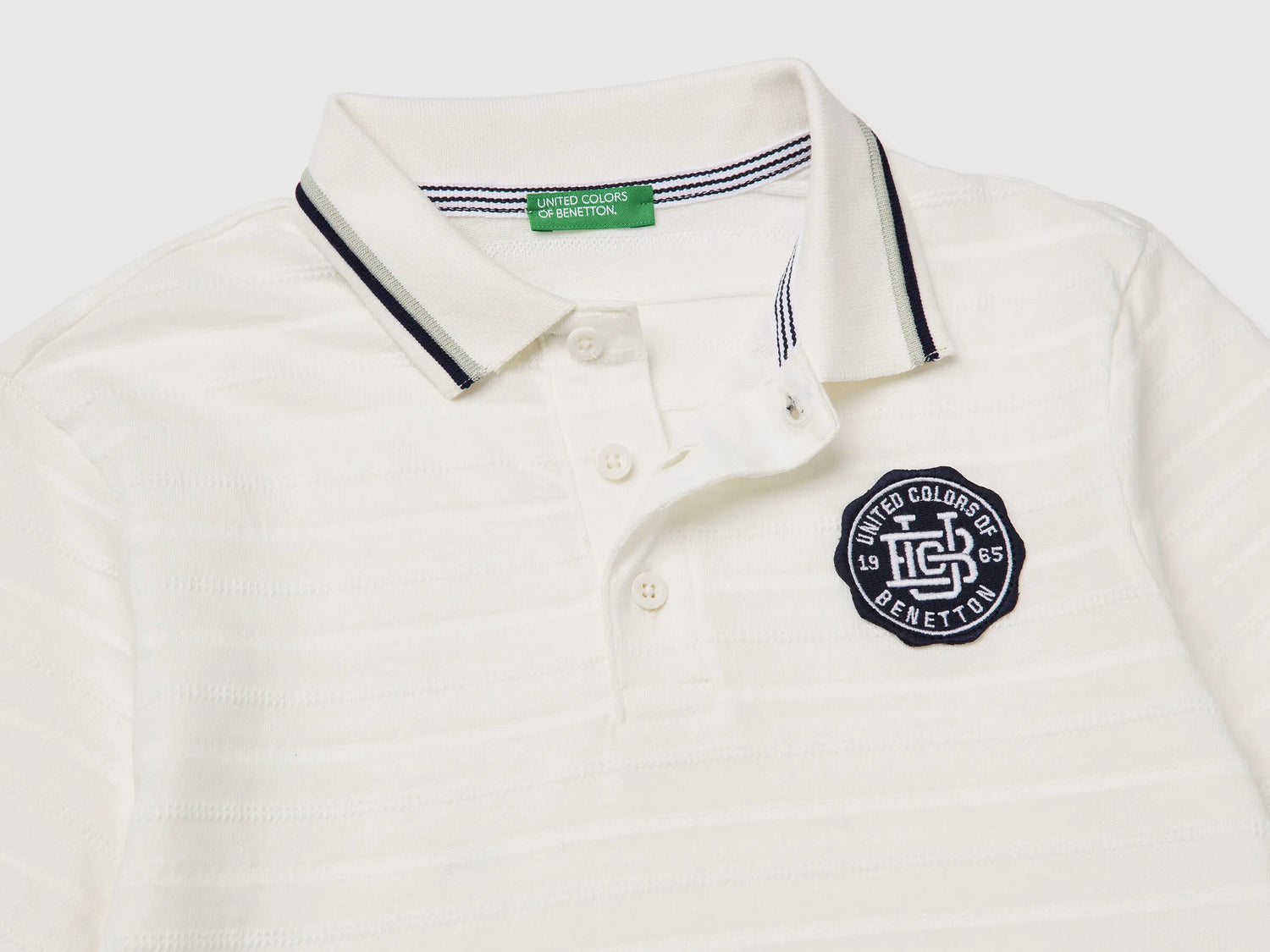 Benetton Creamy White Boys Striped Polo Shirt with Patch SKU: 3K9KC3024_902 Image 03