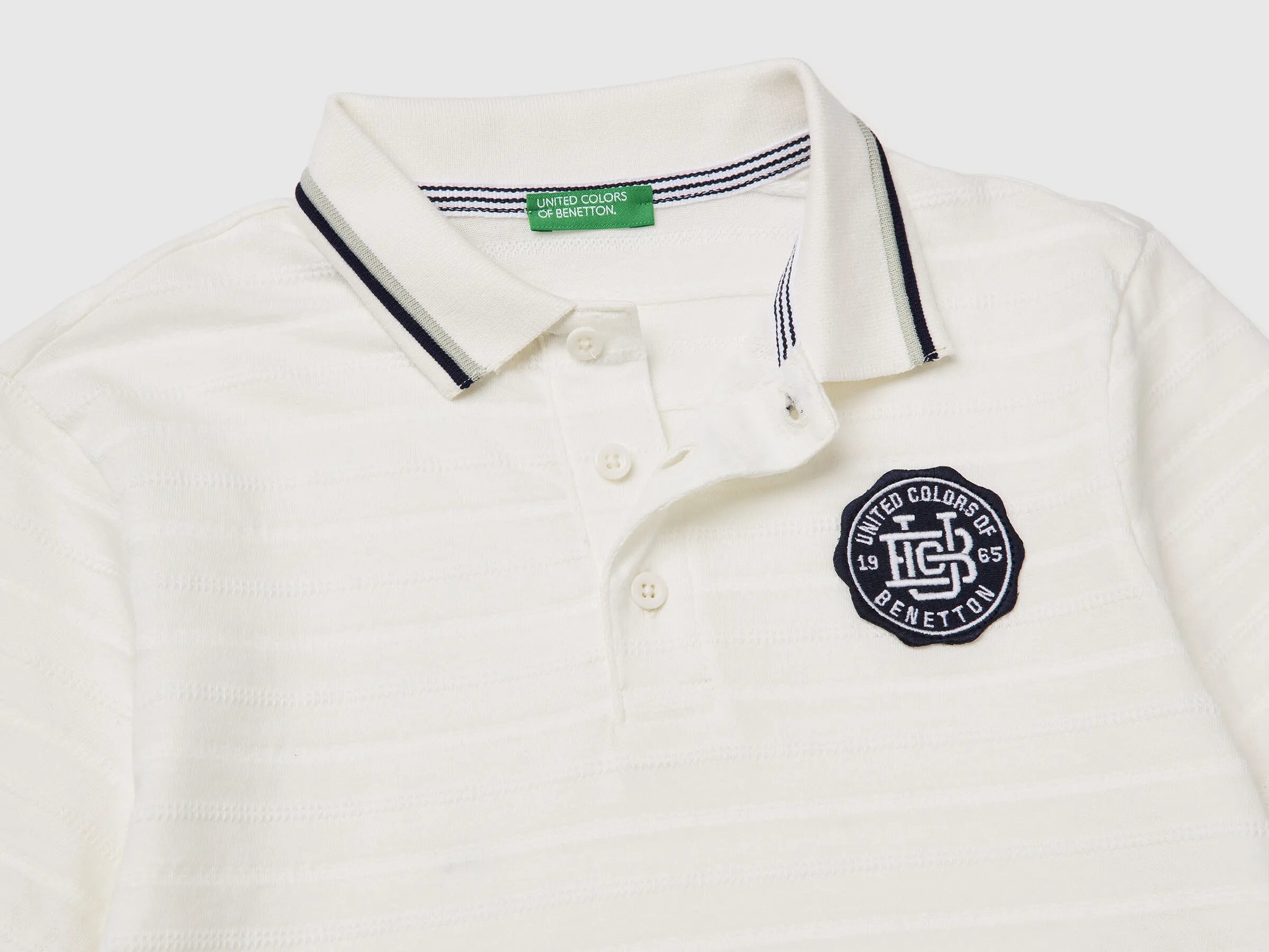 Benetton Creamy White Boys Striped Polo Shirt with Patch SKU: 3K9KC3024_902 Image 03