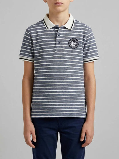 Benetton Dark Blue Boys Striped Polo Shirt with Patch SKU: 3K9KC3024_903 Image 00