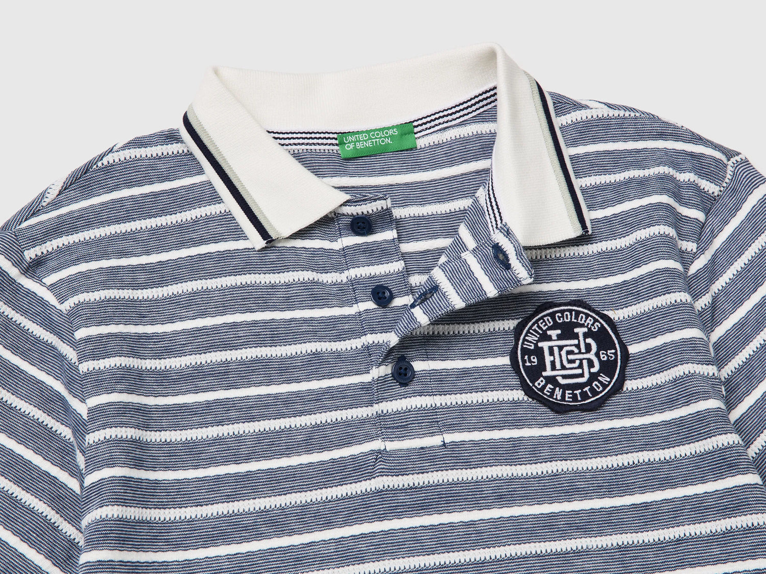Benetton Dark Blue Boys Striped Polo Shirt with Patch SKU: 3K9KC3024_903 Image 03