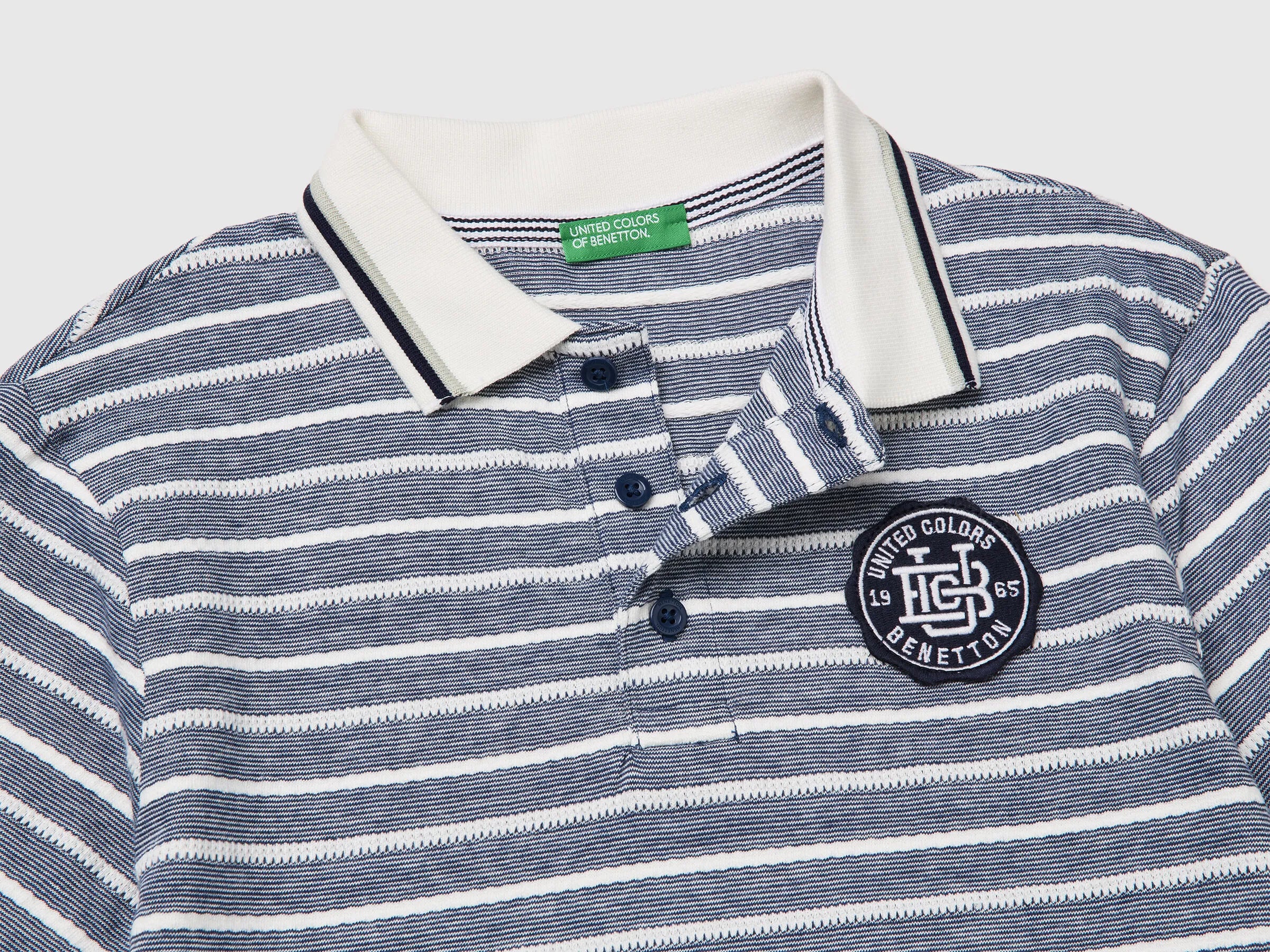 Benetton Dark Blue Boys Striped Polo Shirt with Patch SKU: 3K9KC3024_903 Image 03