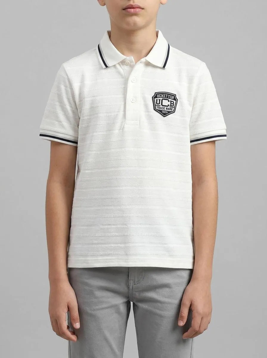 Benetton Creamy White Boys Striped Polo Shirt with Patch SKU: 3K9KG3013_902 Image 00