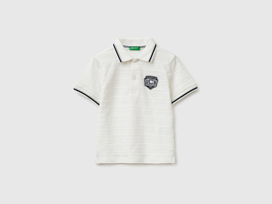 Benetton Creamy White Boys Striped Polo Shirt with Patch SKU: 3K9KG3013_902 Image 01