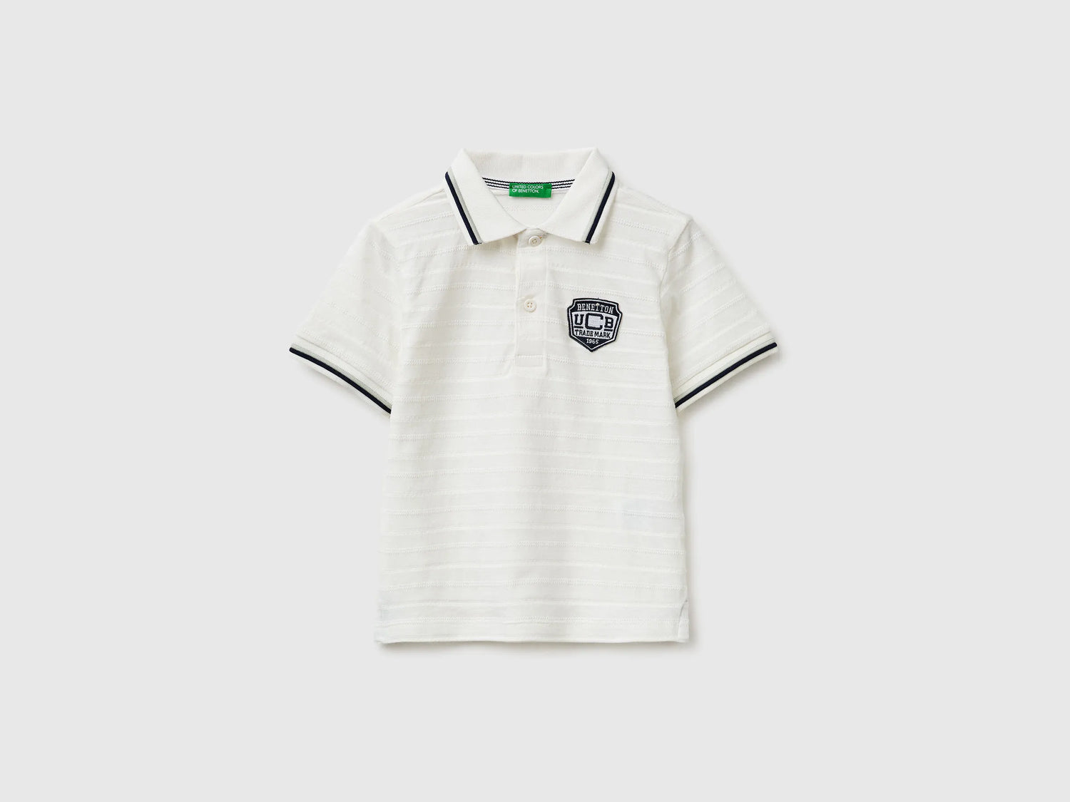 Benetton Creamy White Boys Striped Polo Shirt with Patch SKU: 3K9KG3013_902 Image 01