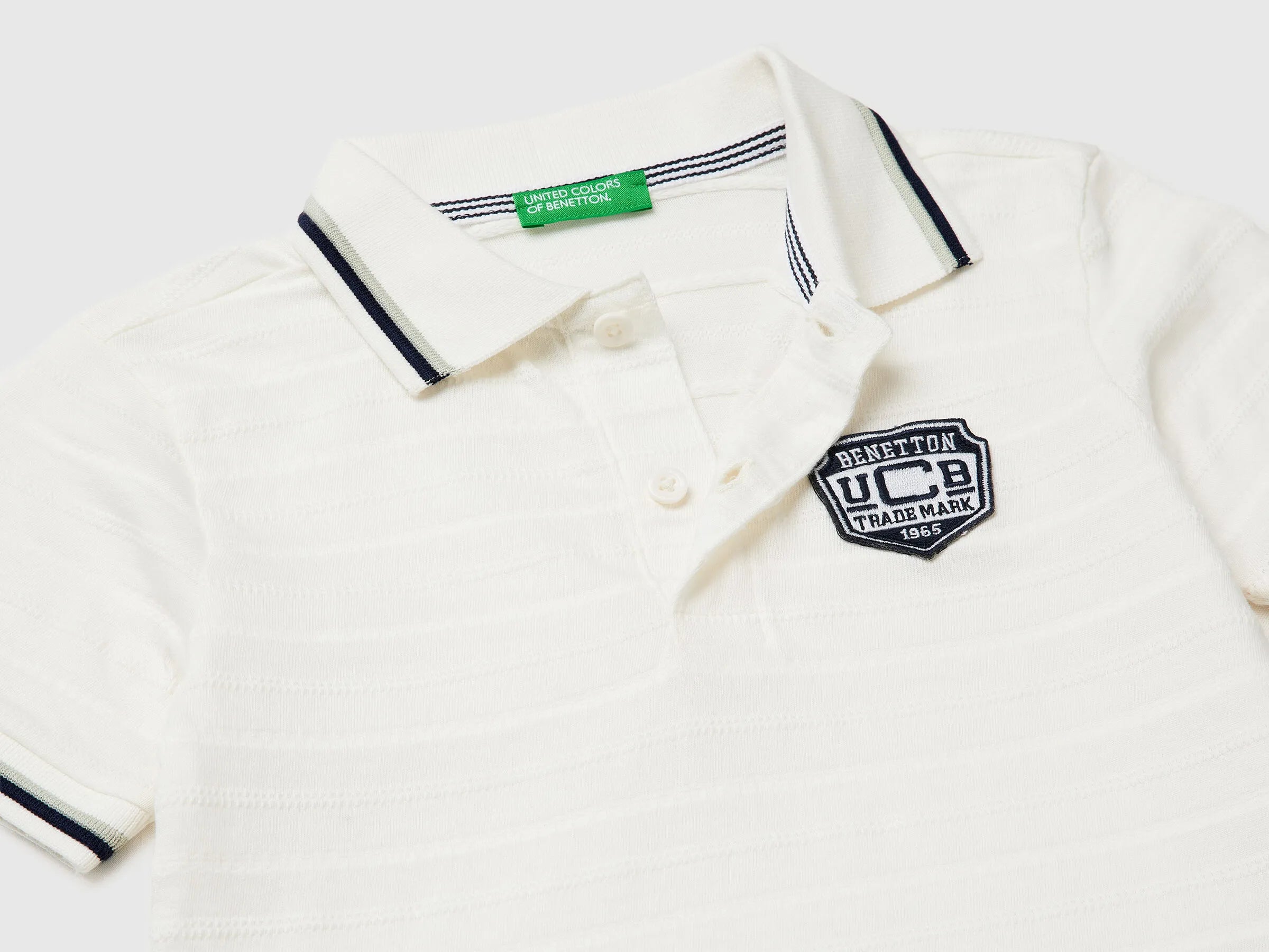 Benetton Creamy White Boys Striped Polo Shirt with Patch SKU: 3K9KG3013_902 Image 03