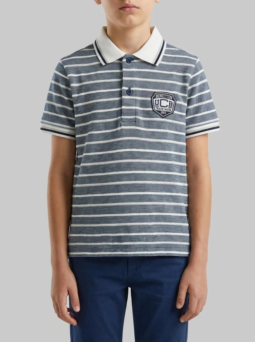Benetton Dark Blue Boys Striped Polo Shirt with Patch SKU: 3K9KG3013_903 Image 00