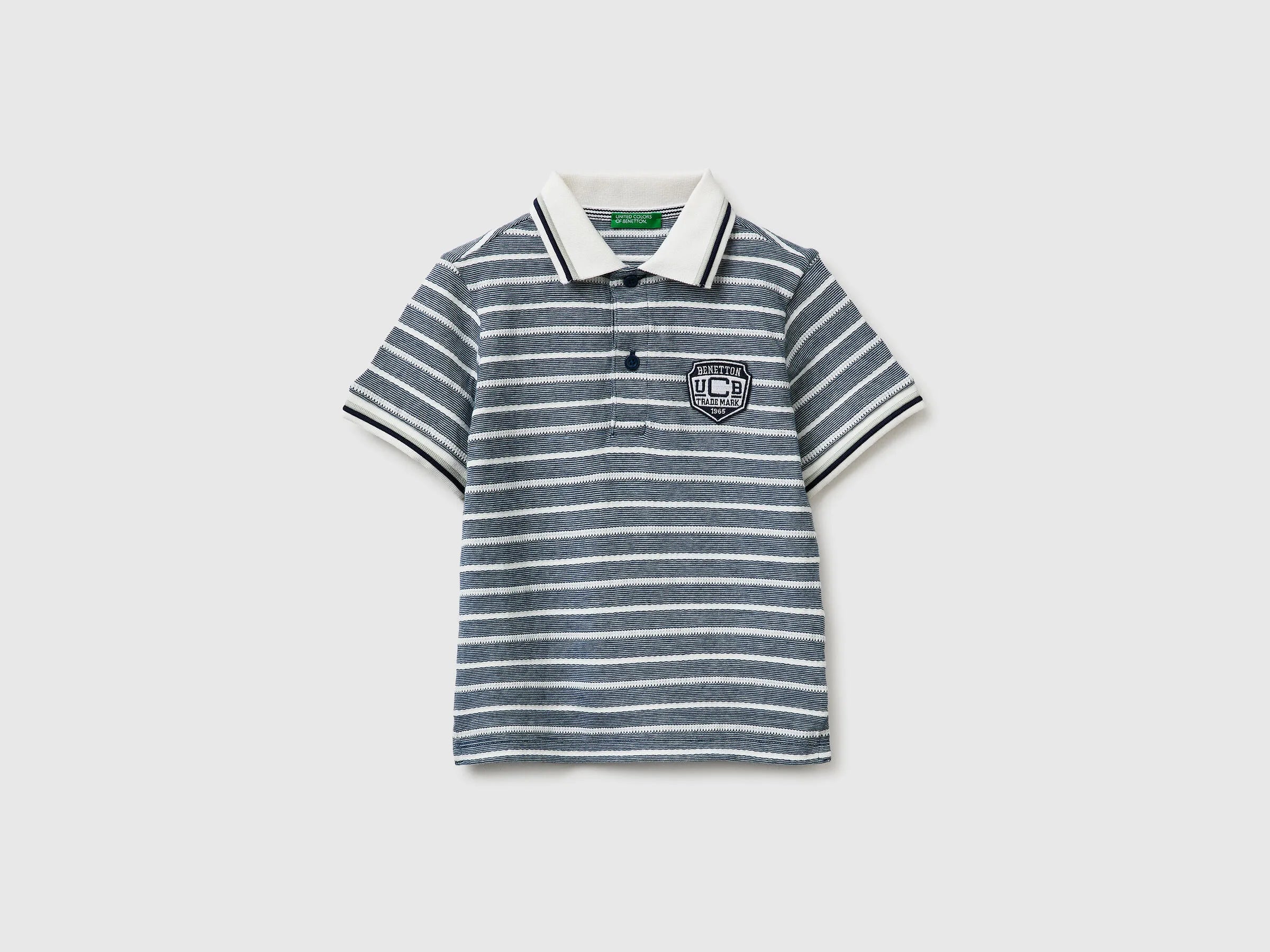 Benetton Dark Blue Boys Striped Polo Shirt with Patch SKU: 3K9KG3013_903 Image 01