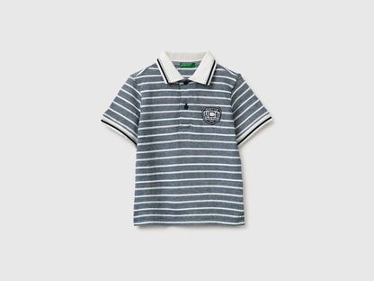 Benetton Dark Blue Boys Striped Polo Shirt with Patch SKU: 3K9KG3013_903 Image 01