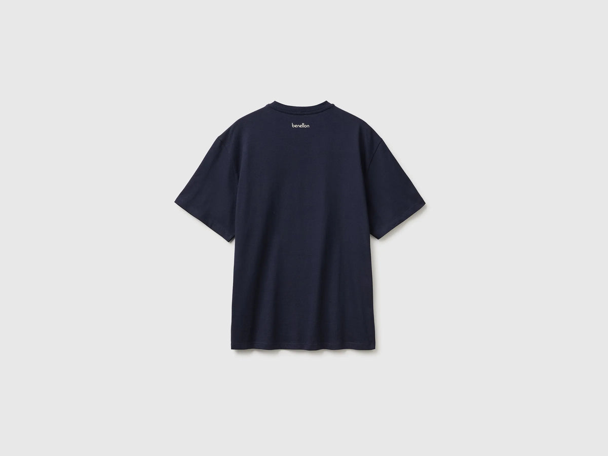 Benetton Dark Blue Men Relaxed-Fit Printed T-Shirt in Organic Cotton SKU: 3MI5U10CU_3C1 Image 02