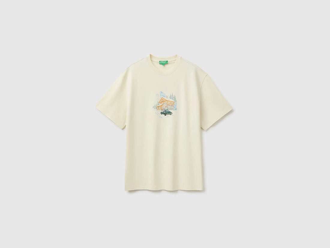 Benetton Creamy White Men Relaxed-Fit Printed T-Shirt in Organic Cotton SKU: 3MI5U10CU_901 Image 01