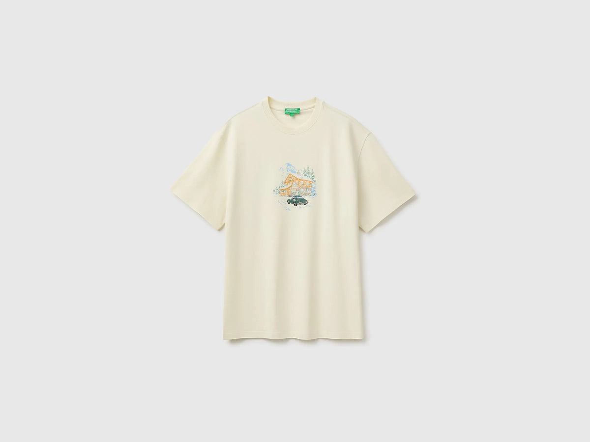 Benetton Creamy White Men Relaxed-Fit Printed T-Shirt in Organic Cotton SKU: 3MI5U10CU_901 Image 01