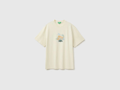 Benetton Creamy White Men Relaxed-Fit Printed T-Shirt in Organic Cotton SKU: 3MI5U10CU_901 Image 01