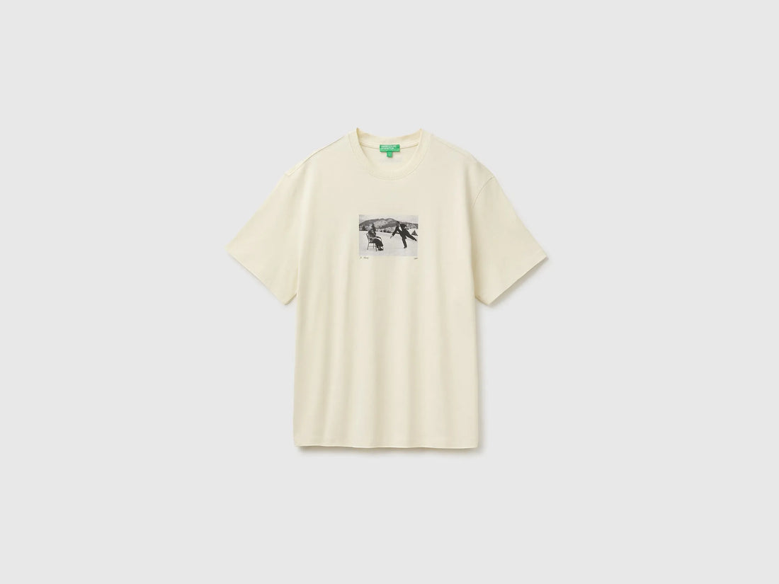 Benetton Creamy White Men Relaxed-Fit Printed T-Shirt in Organic Cotton SKU: 3MI5U10CU_902 Image 01