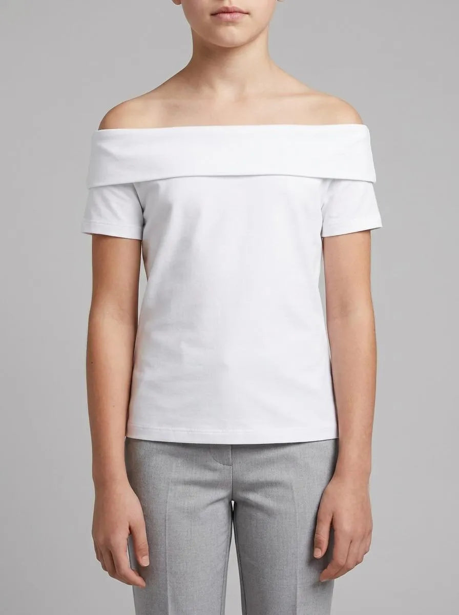 Benetton White Girls Boat-Neck T-Shirt SKU: 3P4ZC10T4_101 Image 00