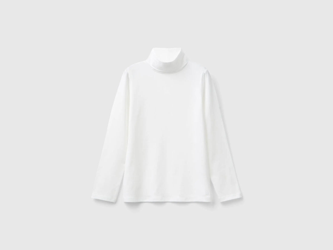 Benetton Creamy white Girls Stretch T-Shirt with High Neck SKU: 3P4ZC202N_074 Image 01