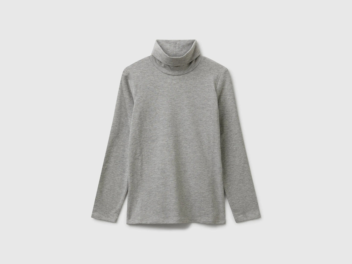 Benetton Light Gray Girls Stretch T-Shirt with High Neck SKU: 3P4ZC202N_501 Image 01