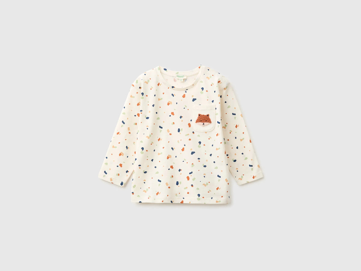 Benetton Creamy White Unisex T-Shirt with Patterned Print in Organic Cotton SKU: 3Q74A107G_901 Image 01