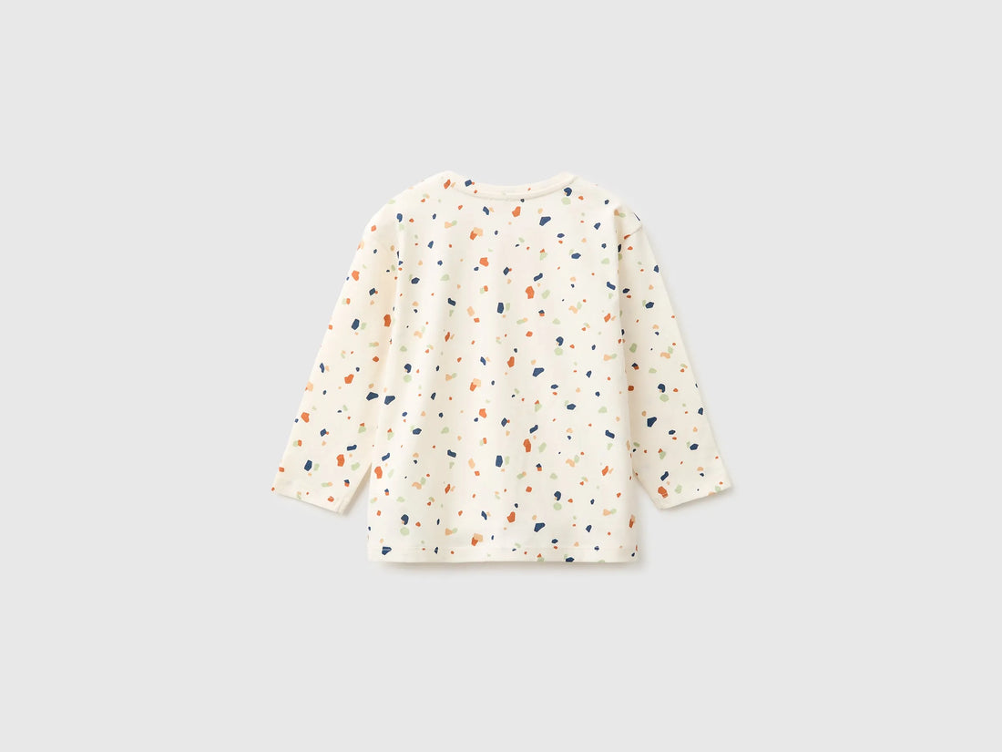 Benetton Creamy White Unisex T-Shirt with Patterned Print in Organic Cotton SKU: 3Q74A107G_901 Image 02