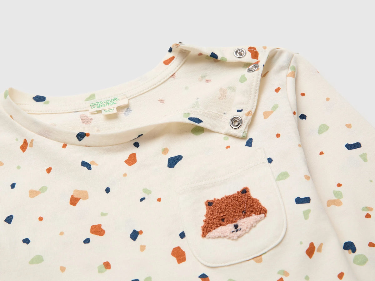 Benetton Creamy White Unisex T-Shirt with Patterned Print in Organic Cotton SKU: 3Q74A107G_901 Image 03
