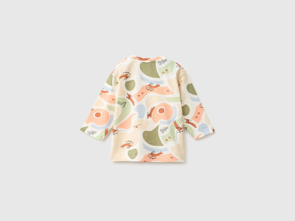 Benetton Creamy White Unisex T-Shirt with Patterned Print in Organic Cotton SKU: 3Q74A107G_902 Image 02