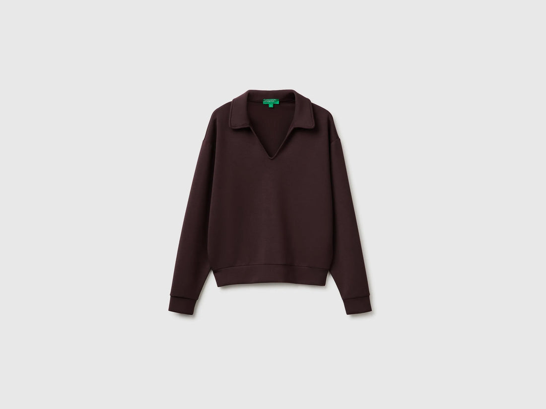 Benetton Dark Brown Women Flowing Sweatshirt with Polo Neck SKU: 3QAFD301G_0G3 Image 01