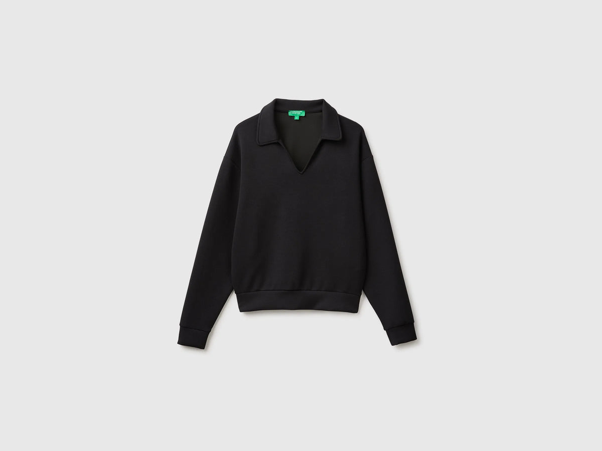 Benetton Black Women Flowing Sweatshirt with Polo Neck SKU: 3QAFD301G_100 Image 01