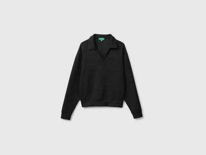 Benetton Black Women Flowing Sweatshirt with Polo Neck SKU: 3QAFD301G_100 Image 01