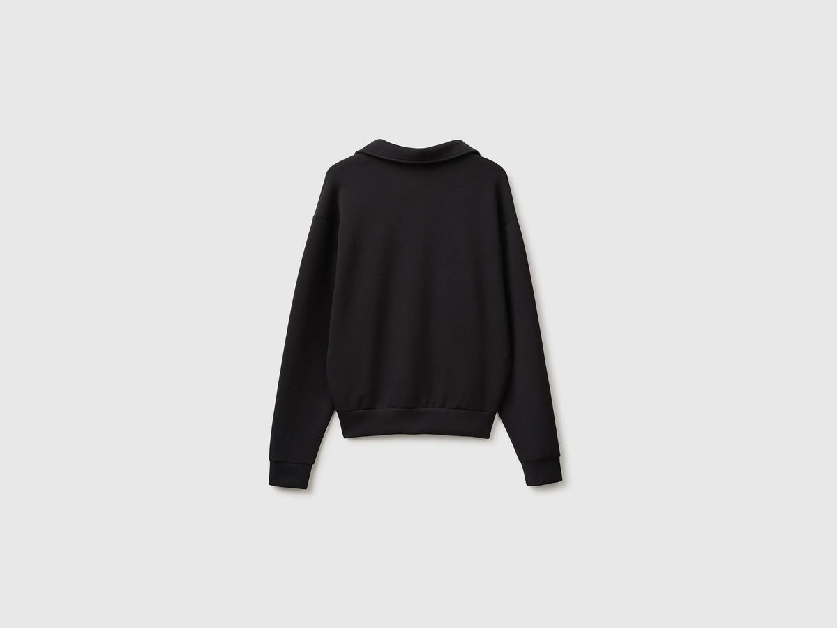 Benetton Black Women Flowing Sweatshirt with Polo Neck SKU: 3QAFD301G_100 Image 02