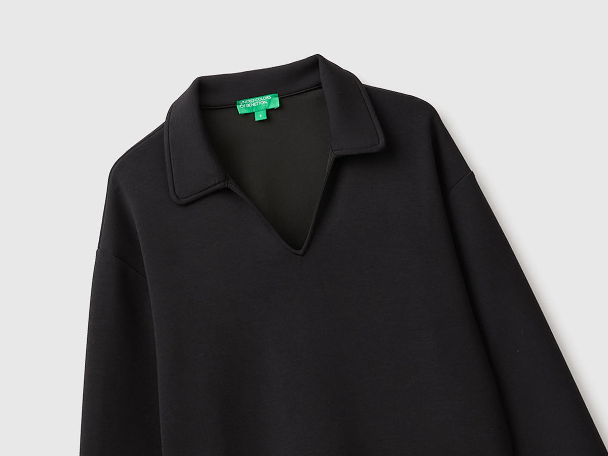 Benetton Black Women Flowing Sweatshirt with Polo Neck SKU: 3QAFD301G_100 Image 03
