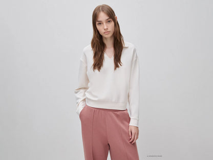 Benetton Creamy White Women Flowing Sweatshirt with Polo Neck SKU: 3QAFD301G_27H Image 01