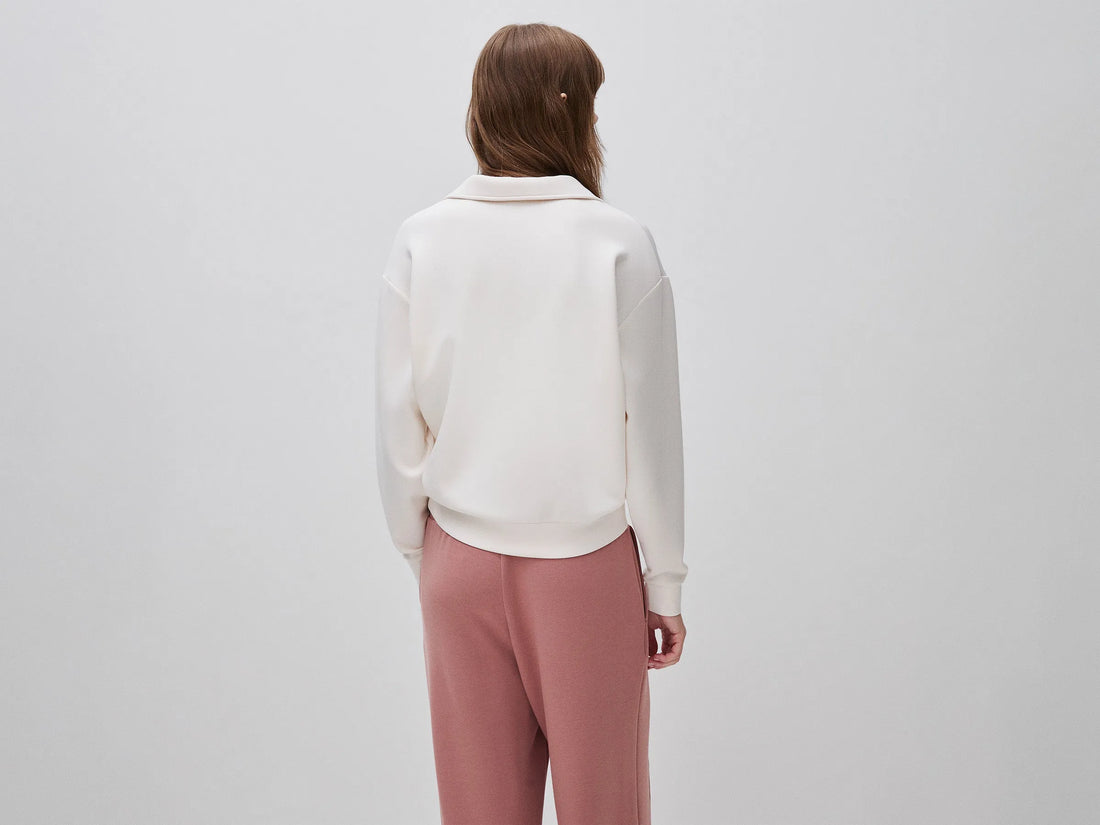 Benetton Creamy White Women Flowing Sweatshirt with Polo Neck SKU: 3QAFD301G_27H Image 02