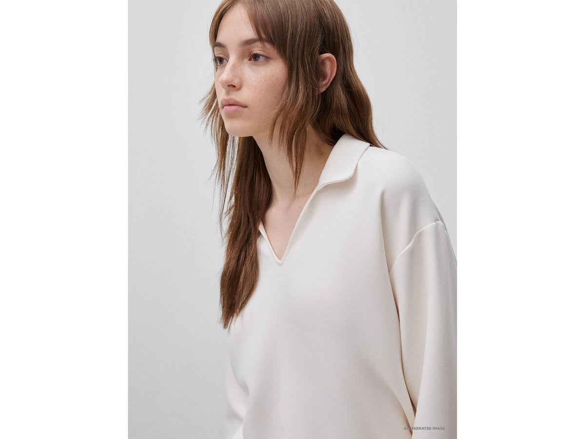 Benetton Creamy White Women Flowing Sweatshirt with Polo Neck SKU: 3QAFD301G_27H Image 04