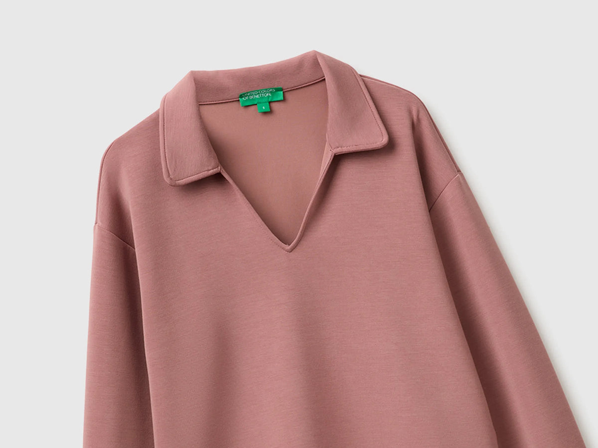 Benetton Pink Women Flowing Sweatshirt with Polo Neck SKU: 3QAFD301G_33A Image 03