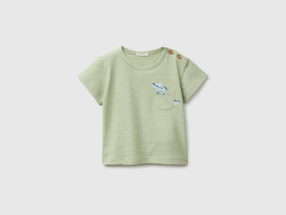 Benetton Green Baby Boy T-Shirt with Pocket and Little Animal SKU: 3SDLA107A_218 Image 01