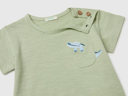 Benetton Green Baby Boy T-Shirt with Pocket and Little Animal SKU: 3SDLA107A_218 Image 03