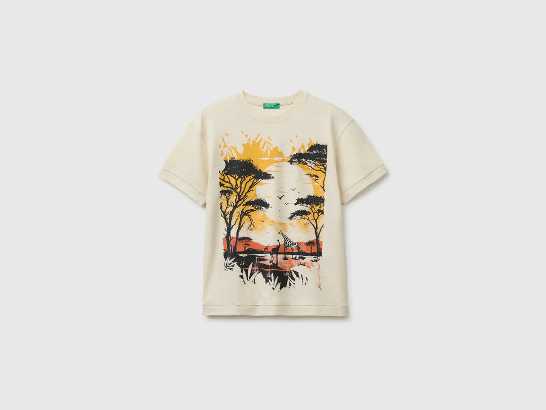 Benetton Beige Boys Crew Neck T-Shirt with Print SKU: 3SDLC10TU_3C9 Image 01